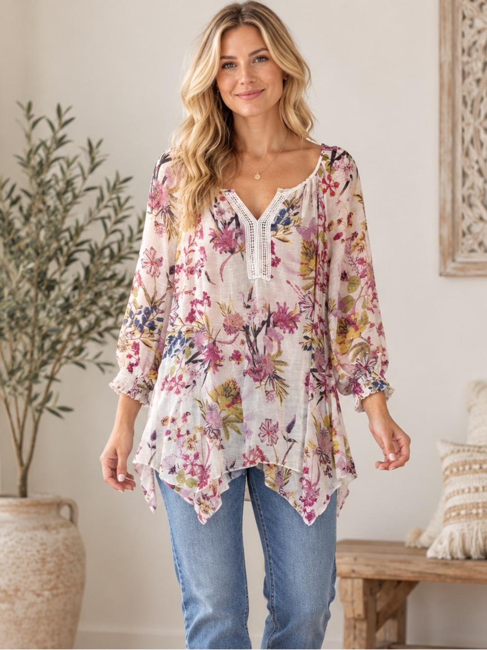 Spense Boho Floral TunicTop in Cream and Pink